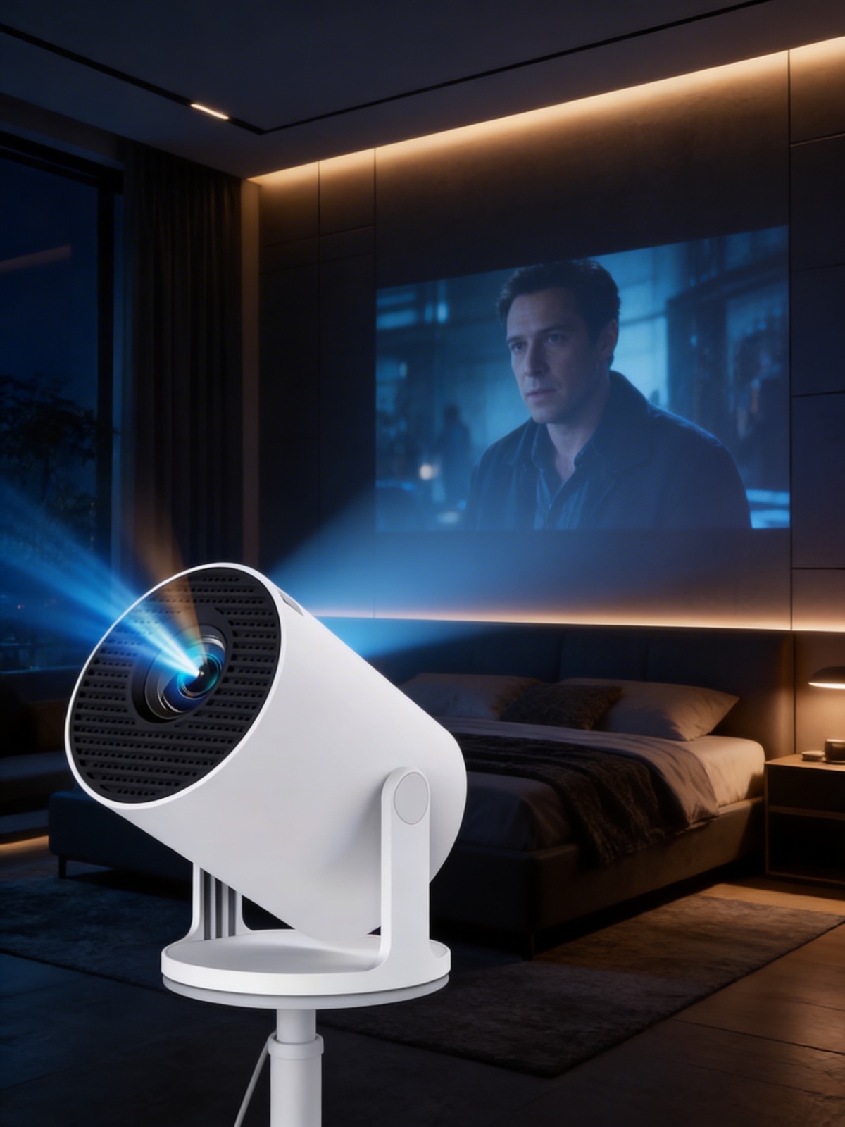 Galaxy Cinema projecteert een film op de muur van een donkere woonkamer